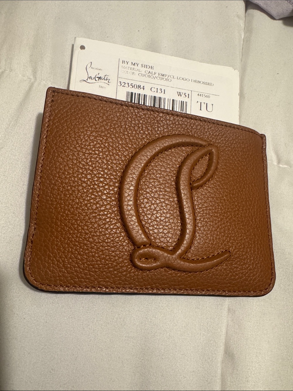 Christian Louboutin Brown Pebbled Leather Card Case with Embossed 'L'